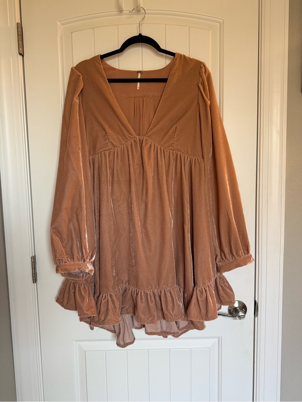 Free People Velvet Ruffle Babydoll Dress in Warm Camel